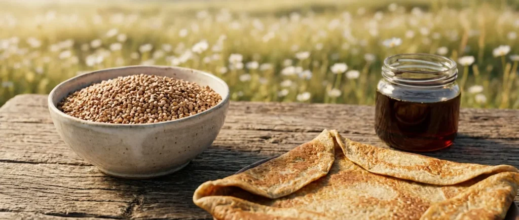 Le sarrasin en grains décortiqués, aux formes triangulaires et aux teintes beige légèrement verdâtres, est une pseudo-céréale distincte du blé.