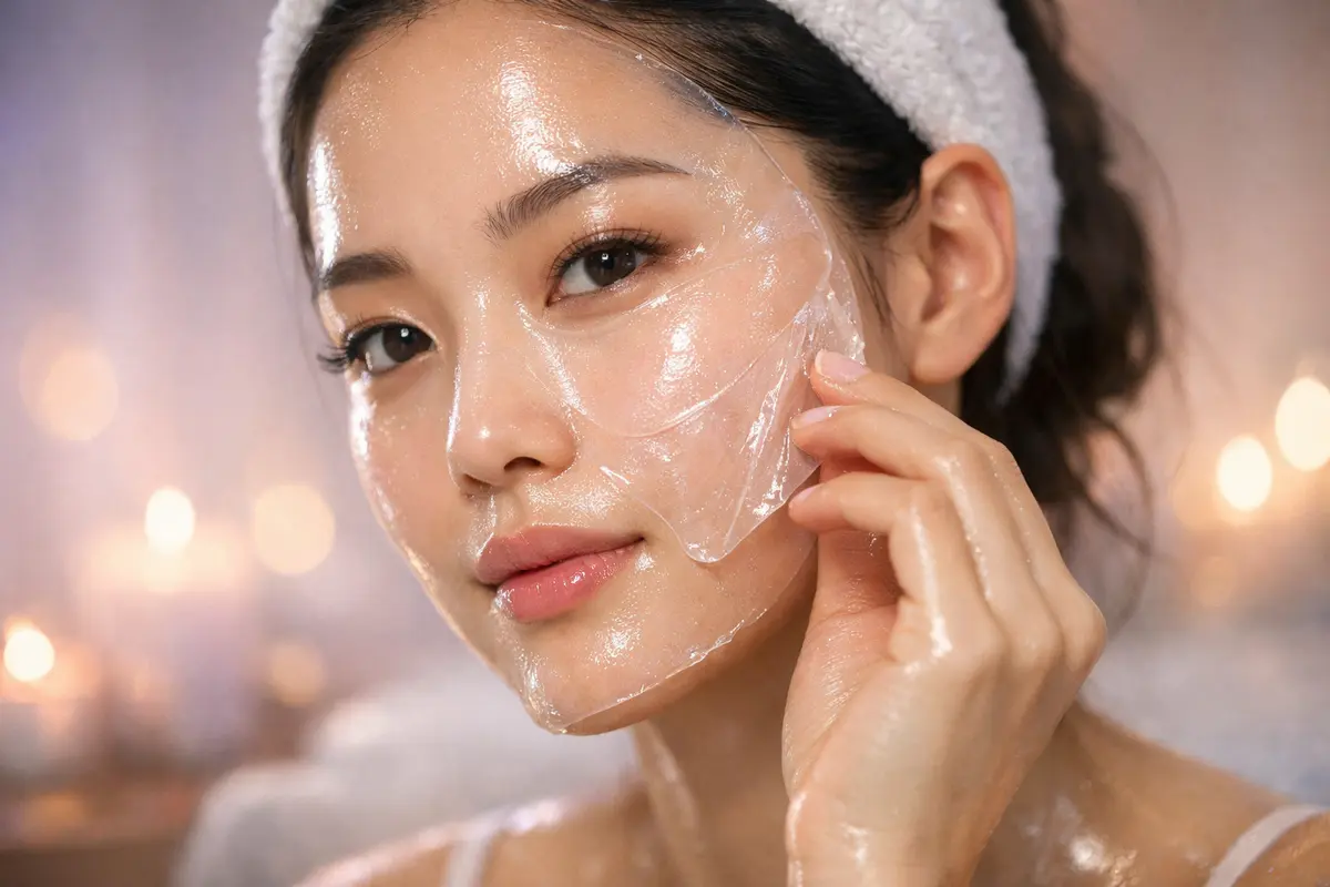Un masque au collagène coréen s’applique sur le visage ; l’hydratation peut lisser l’aspect de la peau sans prouver un effet anti-âge durable.