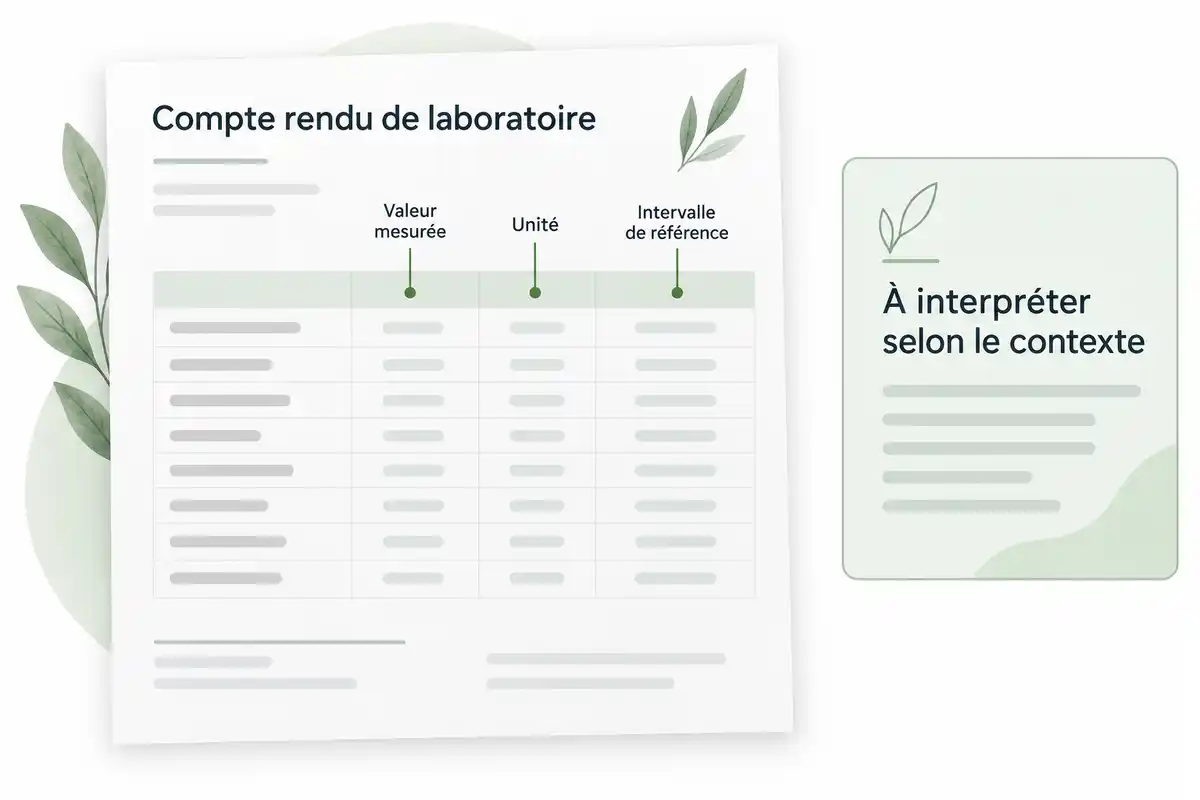 Valeur mesurée, unité et intervalle de référence aident à préparer l’échange en consultation, où le résultat sera replacé dans son contexte.