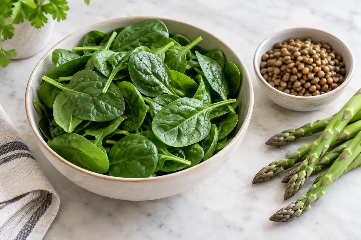 Épinards frais, lentilles cuites et asperges illustrent quelques aliments à varier parmi les sources alimentaires de folates.