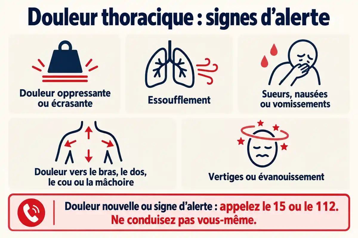 Une douleur thoracique nouvelle ou inhabituelle, avec ou sans autres signes d’alerte, appelle le 15 ou le 112 sans conduire soi-même.