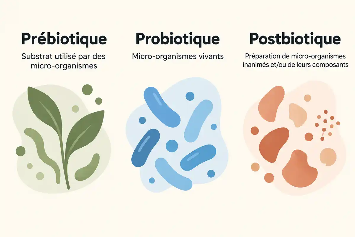 Le prébiotique est un substrat utilisé par des micro-organismes, le probiotique en contient de vivants et le postbiotique est une préparation inanimée ou ses composants.