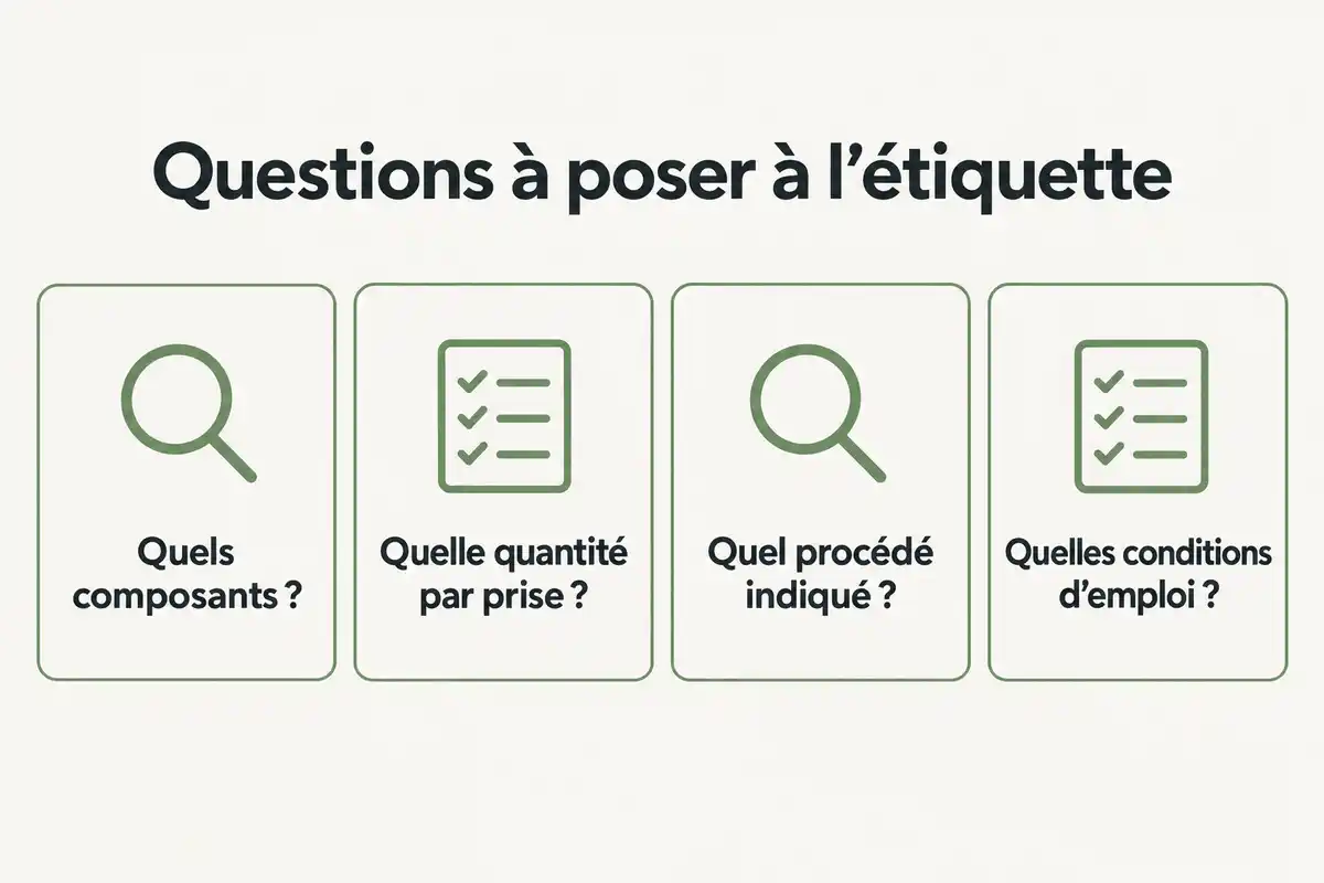 Comparer les composants, la quantité par prise, le procédé et les conditions d’emploi aide à repérer les informations manquantes entre produits.