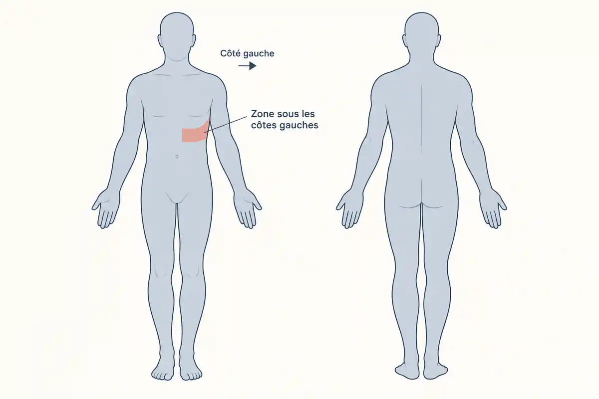 La zone sous les côtes gauches situe la douleur évoquée, mais sa localisation seule ne désigne ni un organe ni une cause.