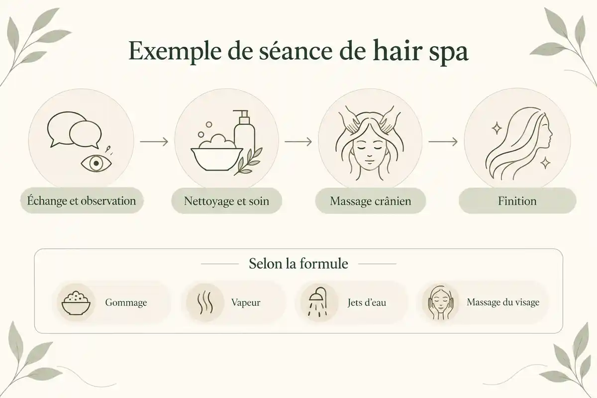 Une séance peut enchaîner échange, nettoyage et soin, massage puis finition ; gommage ou vapeur restent des options à confirmer.