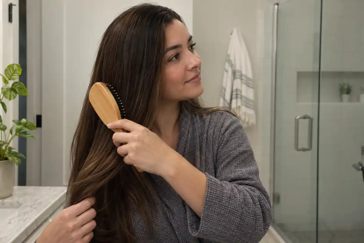 Un brossage doux des cheveux secs constitue un geste d’entretien à domicile, sans reproduire nécessairement une séance en institut.