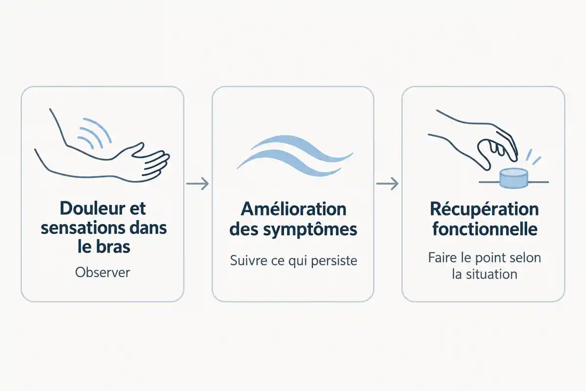 La douleur peut s’atténuer alors que les sensations dans le bras ou la gêne dans les gestes habituels persistent.