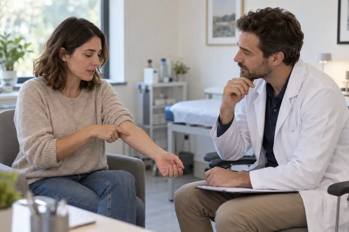 La personne décrit au professionnel la gêne ressentie dans son bras pour discuter des soins adaptés à sa situation.
