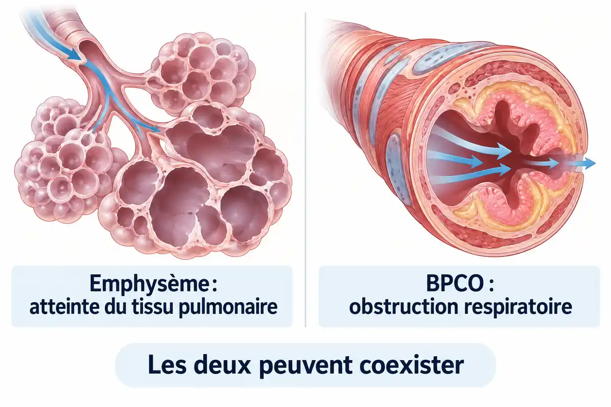 L’emphysème atteint le tissu pulmonaire, tandis que la BPCO implique une obstruction respiratoire ; les deux peuvent coexister.