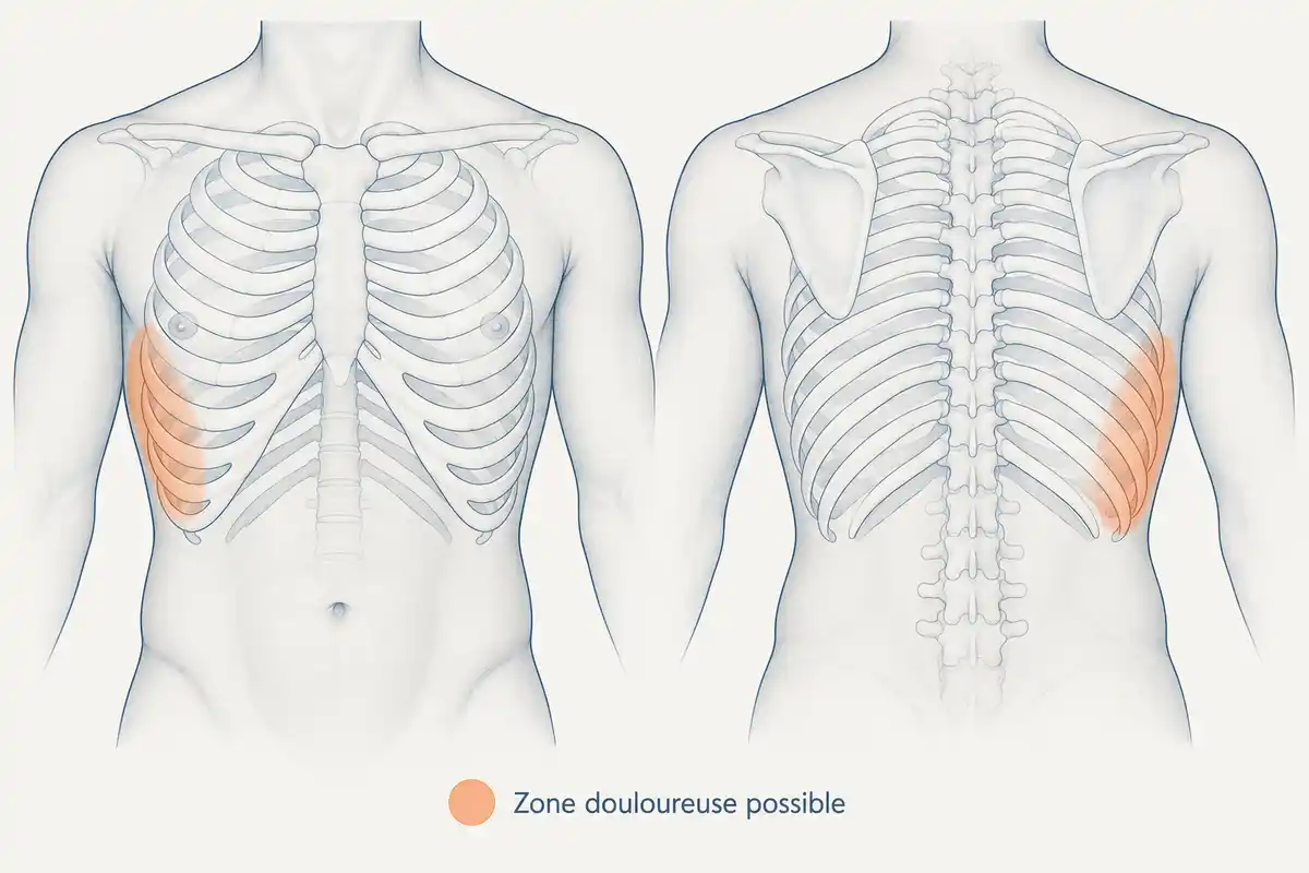 Une douleur entre les cĂŽtes peut irradier dans le dos sans que sa localisation permette dâidentifier son origine.