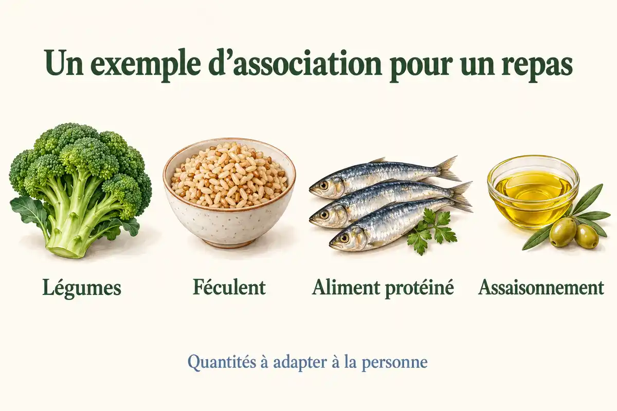 Brocoli, riz complet, sardines et huile dâolive illustrent des composantes Ă associer, avec des quantitĂ©s adaptĂ©es aux repĂšres personnels.