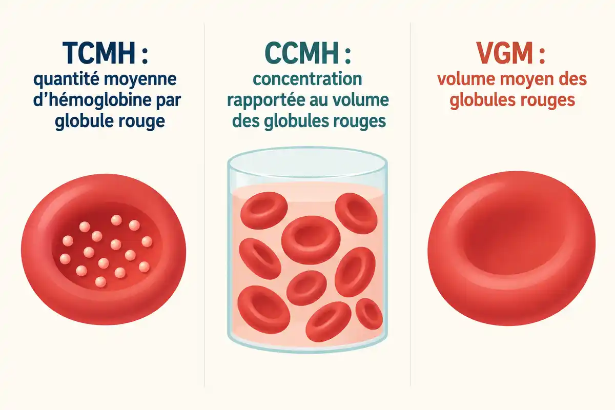 La TCMH mesure la quantitĂ© dâhĂ©moglobine par globule rouge, la CCMH sa concentration et le VGM leur volume moyen.