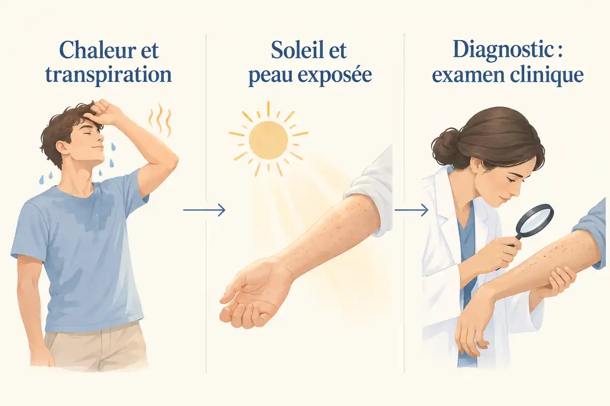 Chaleur et transpiration, peau exposée au soleil ou examen clinique : le contexte aide à comparer les causes possibles d’une éruption.