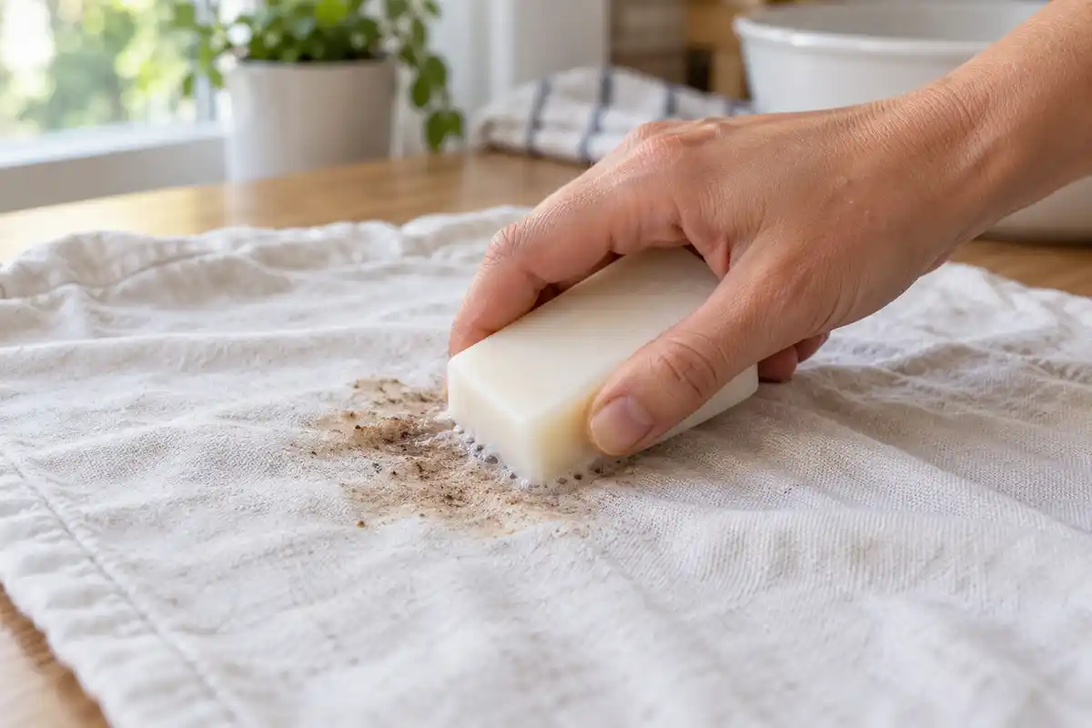 Application localisée du savon sur une tache textile, avant le temps de pose puis le rinçage ou le lavage selon la notice.
