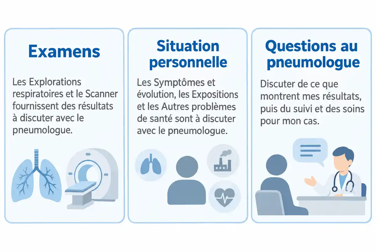 Préparer l’échange avec le pneumologue en réunissant les résultats des examens, les éléments de sa situation et ses questions.