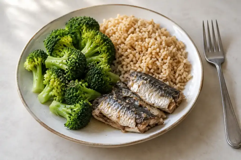 Idées de repas variés avec brocoli, riz complet et sardines, sans qu’aucun aliment présenté ne soigne seul le diabète.
