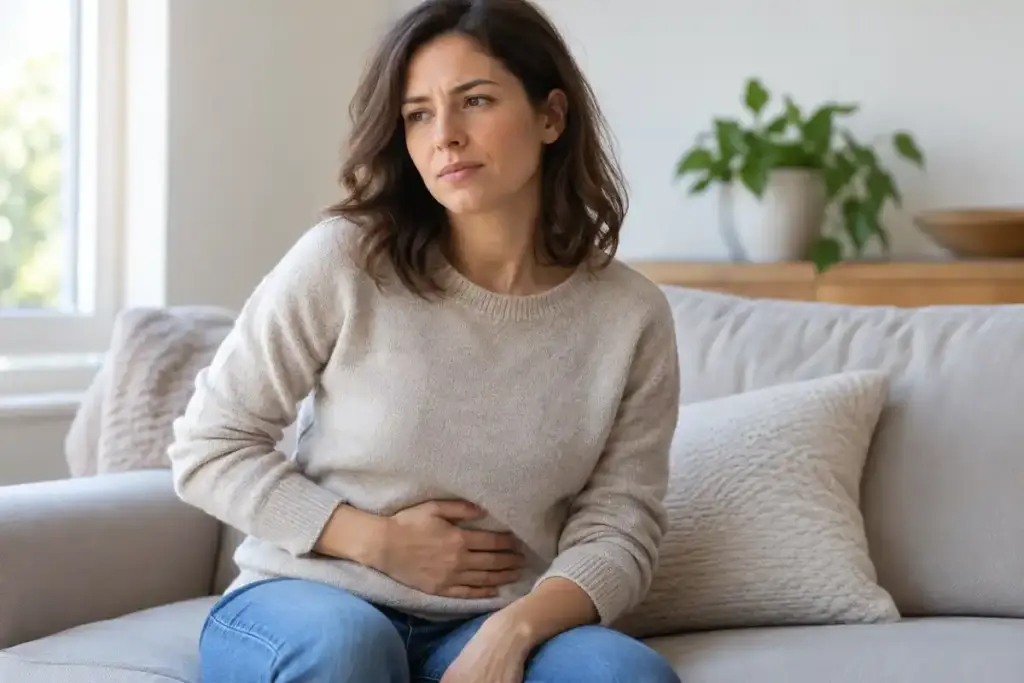 Douleur en bas à gauche du ventre chez une femme : le visuel introduit les pistes possibles sans suggérer de diagnostic.