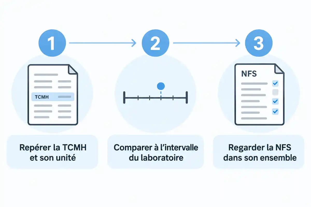 La lecture de la TCMH suit trois repĂšres : identifier sa valeur et son unitĂ©, la comparer Ă lâintervalle du laboratoire, puis la replacer dans la NFS.