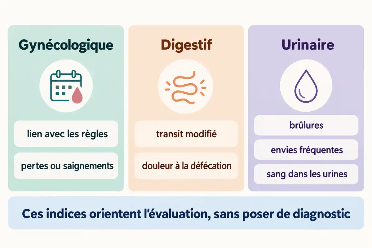 Indices gynĂ©cologiques, digestifs et urinaires peuvent orienter lâĂ©valuation dâune douleur, mais se recouper sans identifier seuls sa cause.