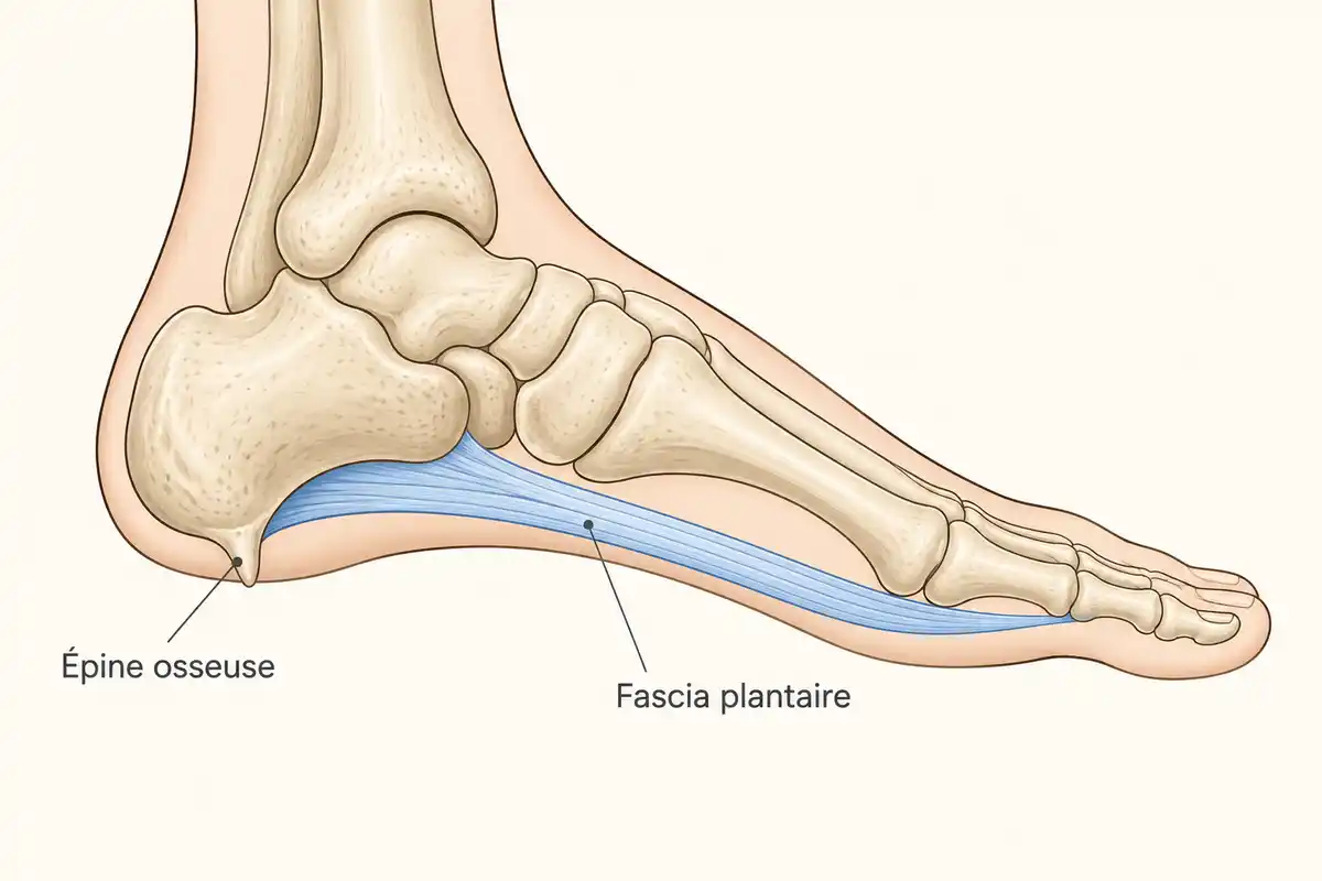 L’épine osseuse peut rester visible tandis que la douleur diminue ; le fascia plantaire est un élément distinct.