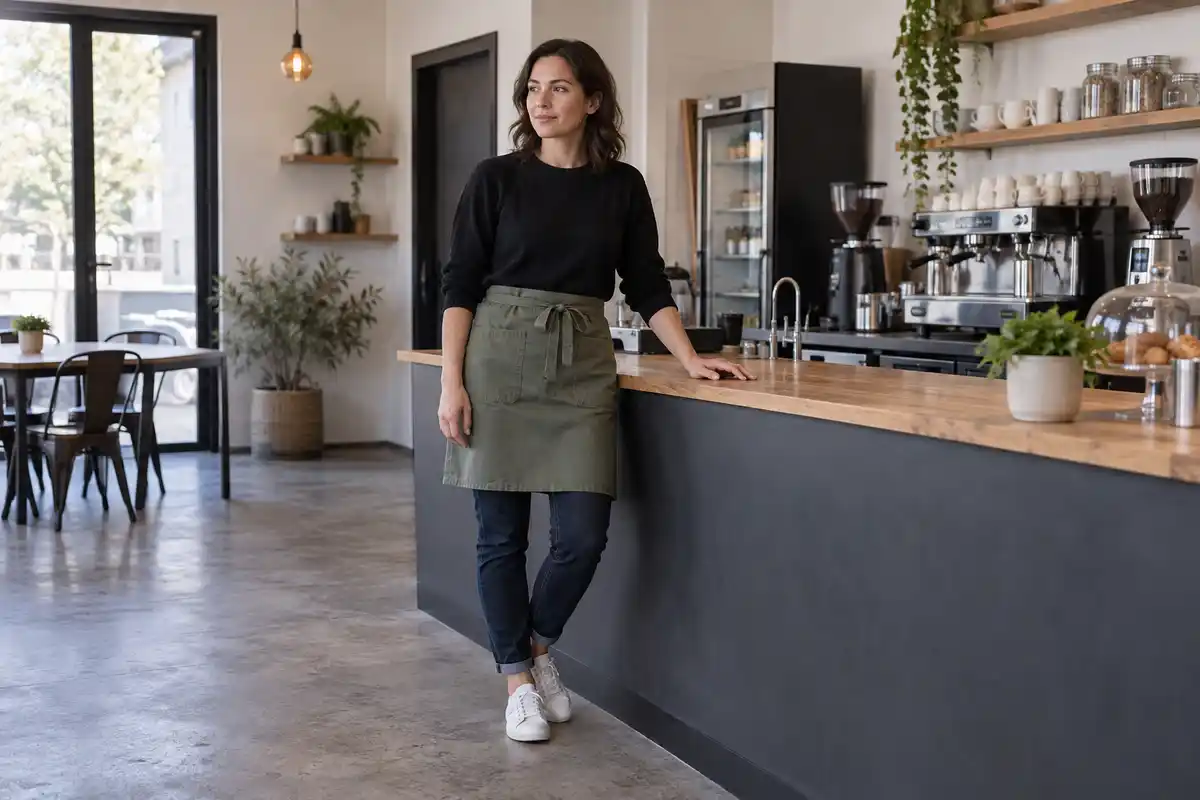 Une pause d’appui au comptoir illustre la contrainte de rester debout au travail et l’importance des tâches encore possibles.