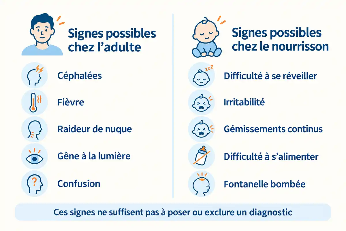 Les signes possibles diffèrent selon l’âge : symptômes décrits chez l’adulte, changements de comportement ou d’alimentation chez le nourrisson.