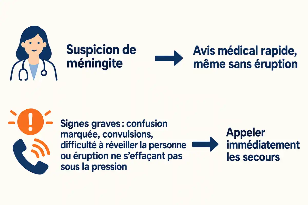 Une suspicion appelle un avis médical rapide, même sans éruption ; des signes graves justifient d’appeler immédiatement les secours.