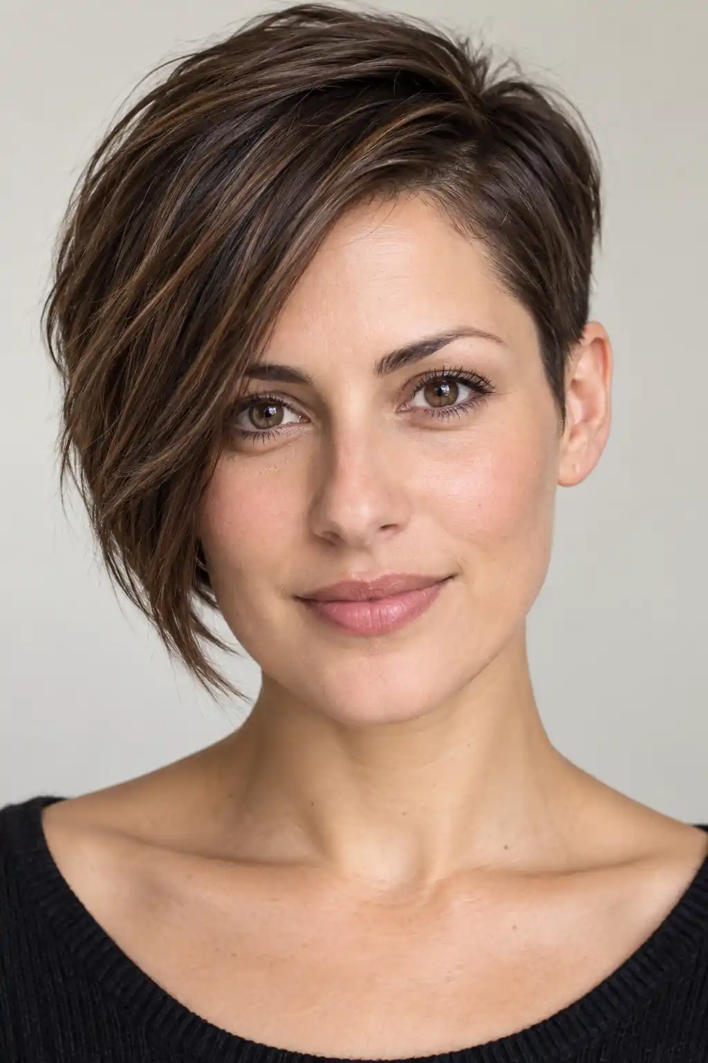 Coupe courte asymétrique où un côté s’arrête près de l’oreille tandis que l’autre forme une mèche plus longue jusqu’à la joue.