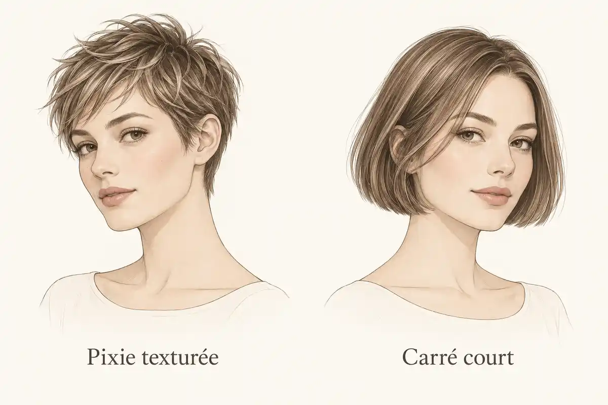 Pour les cheveux fins, la pixie texturée privilégie le mouvement au sommet, tandis que le carré court présente des pointes visuellement pleines.